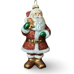 Hallmark Santa Christmas Ornament‎ Glass Hand Painted Red Glitter w/ Gingerbread